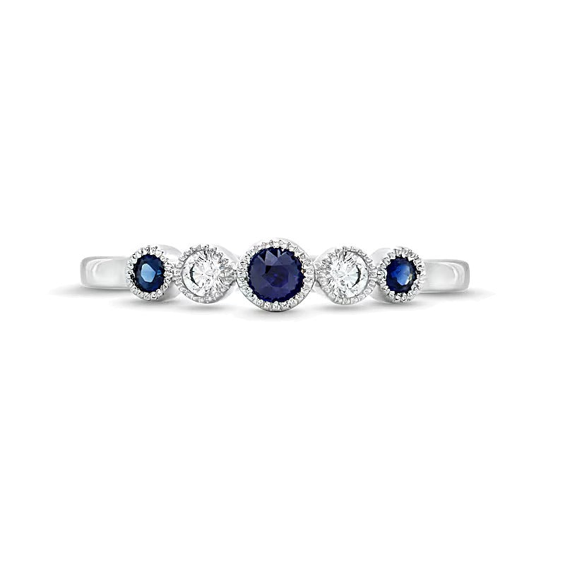 Alternating Blue Sapphire and 0.1 CT. TW Diamond Five Stone Vintage-Style Ring in 10K White Gold