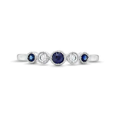 Alternating Blue Sapphire and 0.1 CT. TW Diamond Five Stone Vintage-Style Ring in 10K White Gold
