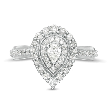 0.63 CT. TW Pear-Shaped Diamond Double Frame Vintage-Style Engagement Ring in 10K White Gold