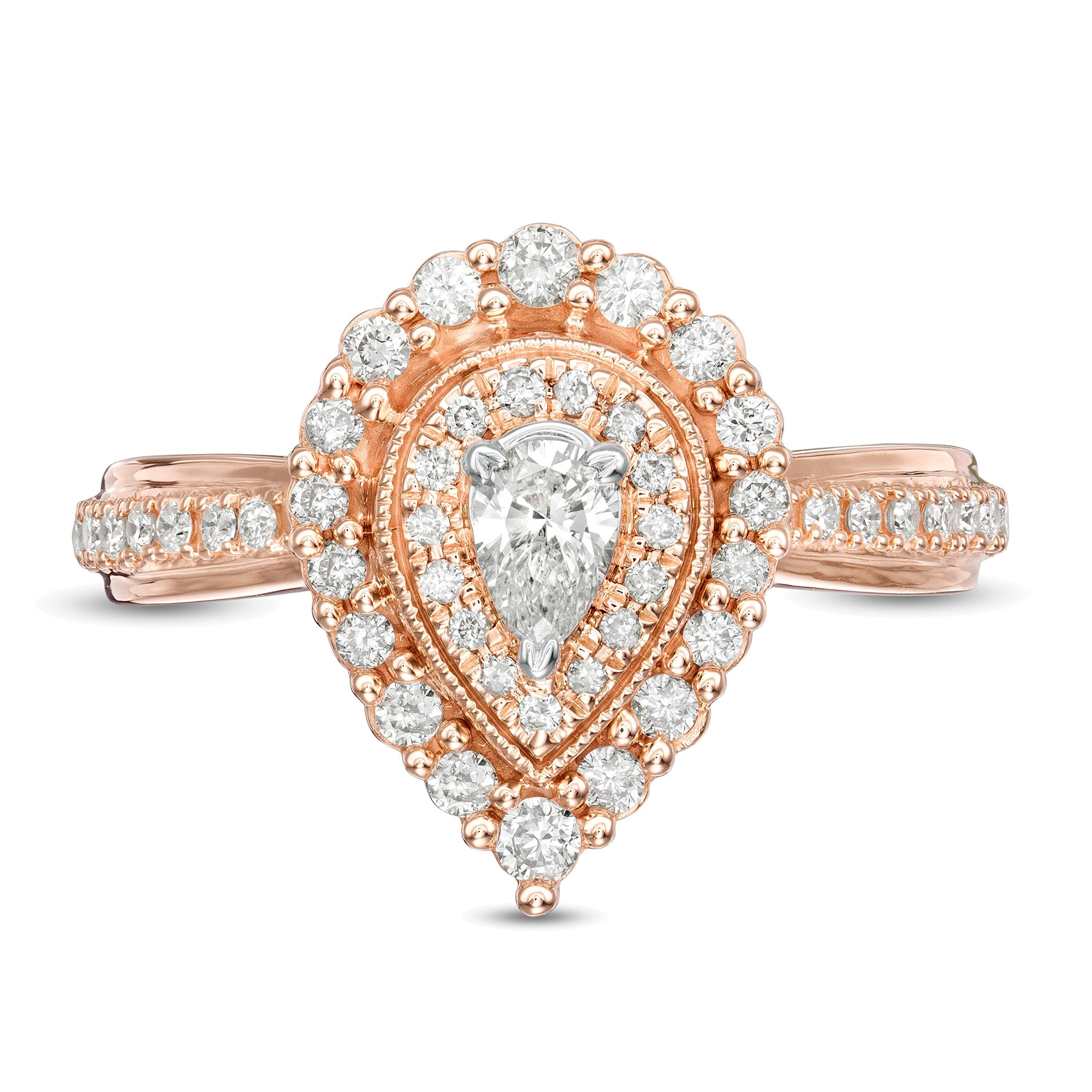 0.63 CT. TW Pear-Shaped Diamond Double Frame Stepped Edge Vintage-Style Engagement Ring in 10K Rose Gold