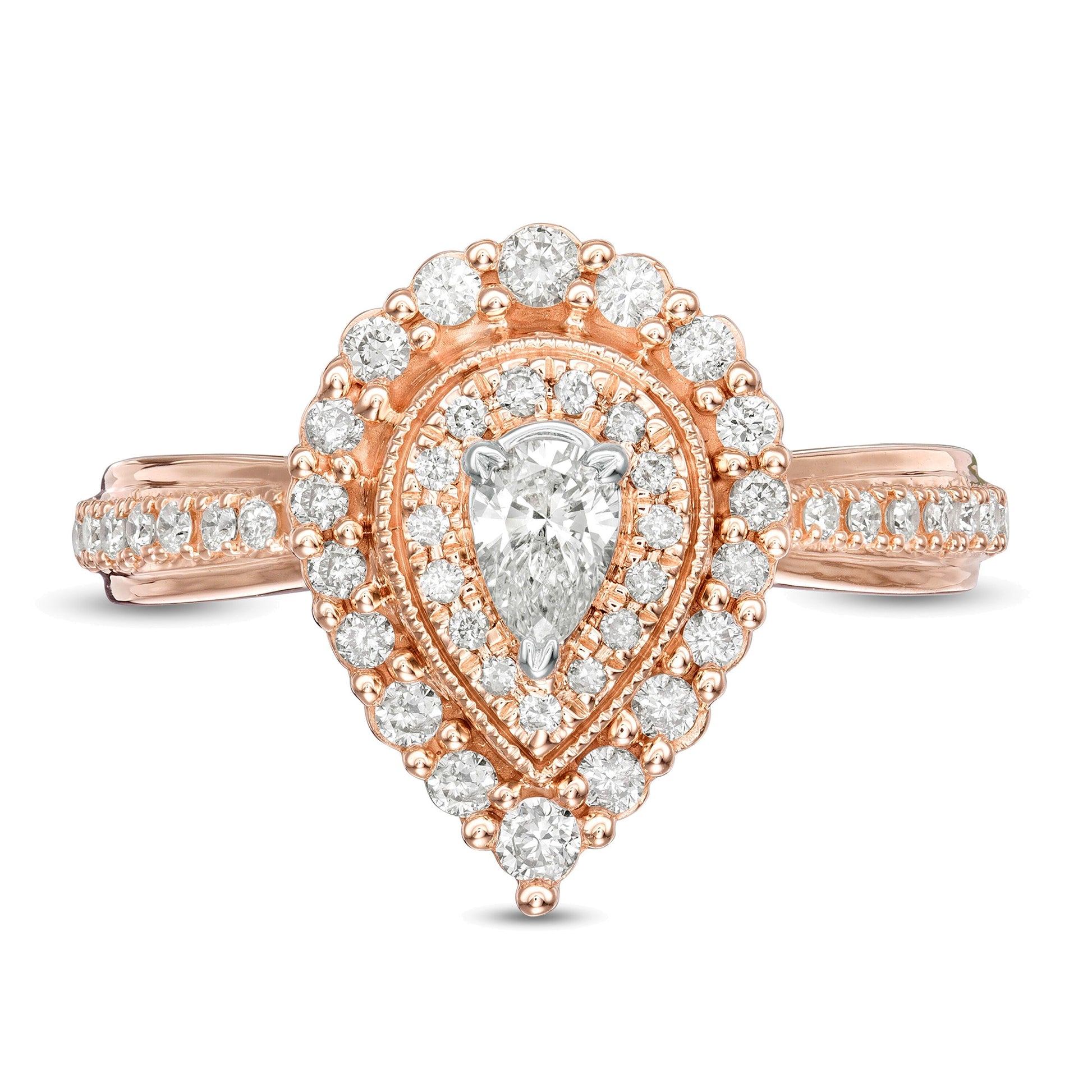 0.63 CT. TW Pear-Shaped Diamond Double Frame Stepped Edge Vintage-Style Engagement Ring in 10K Rose Gold