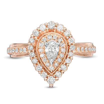 0.63 CT. TW Pear-Shaped Diamond Double Frame Stepped Edge Vintage-Style Engagement Ring in 10K Rose Gold