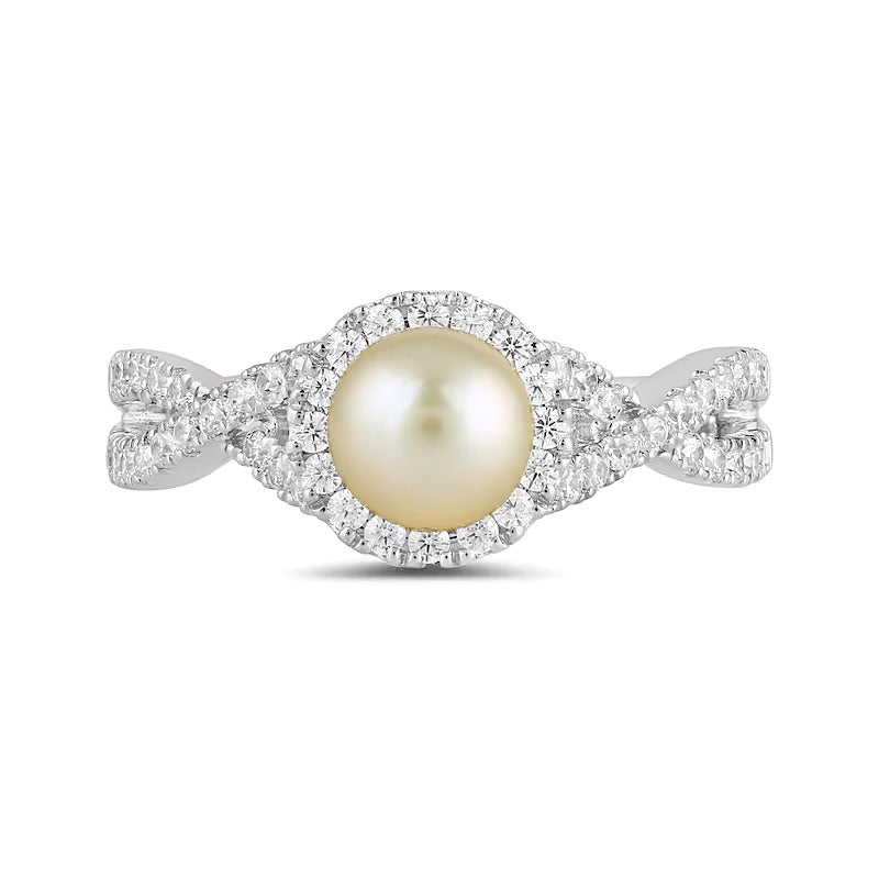 6.0mm Pink Freshwater Cultured Pearl and 0.5 CT. TW Lab-Grown Diamond Frame Crossover Shank Ring in 14K White Gold