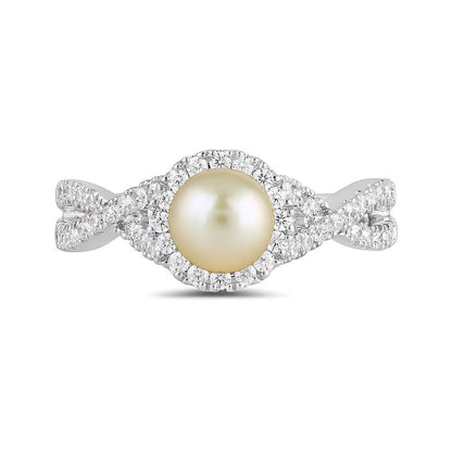 6.0mm Pink Freshwater Cultured Pearl and 0.5 CT. TW Lab-Grown Diamond Frame Crossover Shank Ring in 14K White Gold