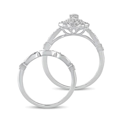 0.63 CT. TW Oval Diamond Double Petal Frame Vintage-Style Bridal Set in 10K White Gold