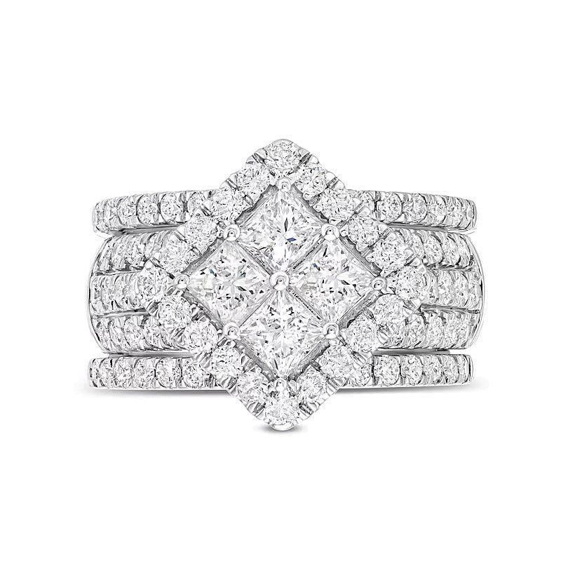 3.0 CT. TW Quad Princess-Cut Diamond Tilted Square Frame Three Piece Bridal Set in 14K White Gold