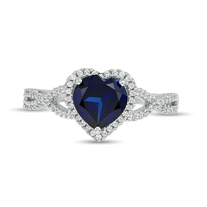 7.0mm Heart-Shaped Lab-Created Blue Sapphire and 0.2 CT. TW Diamond Frame Crossover Ring in 10K White Gold