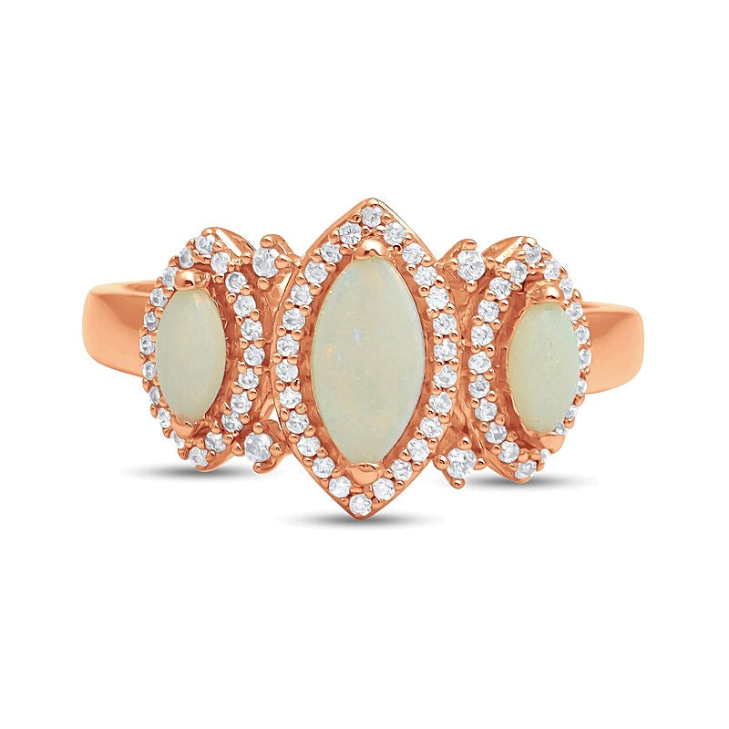 Marquise-Cut Lab-Created Opal and 0.2 CT. TW Diamond Frame Three Stone Ring in 10K Gold