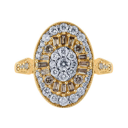1.0 CT. TW Champagne and White Oval Multi-Diamond Vintage-Style Ring in 10K Gold