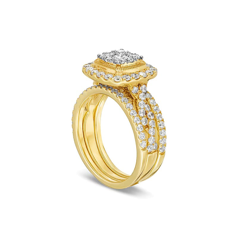 1.63 CT. TW Cushion Multi-Diamond Twist Shank Three Piece Bridal Set in 10K Gold