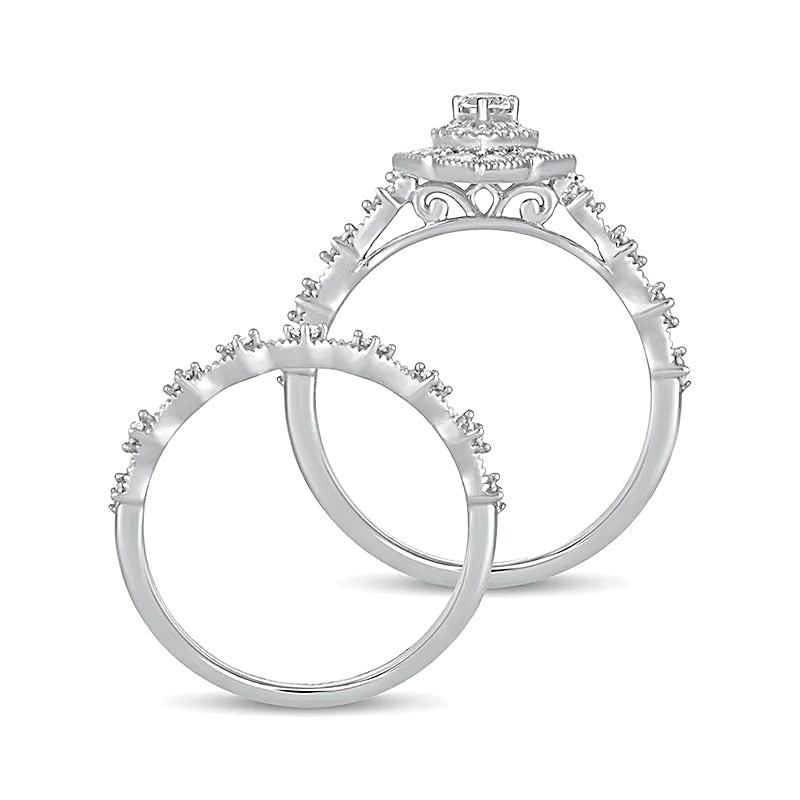 0.63 CT. TW Pear-Shaped Diamond Double Frame Vintage-Style Bridal Set in 10K White Gold