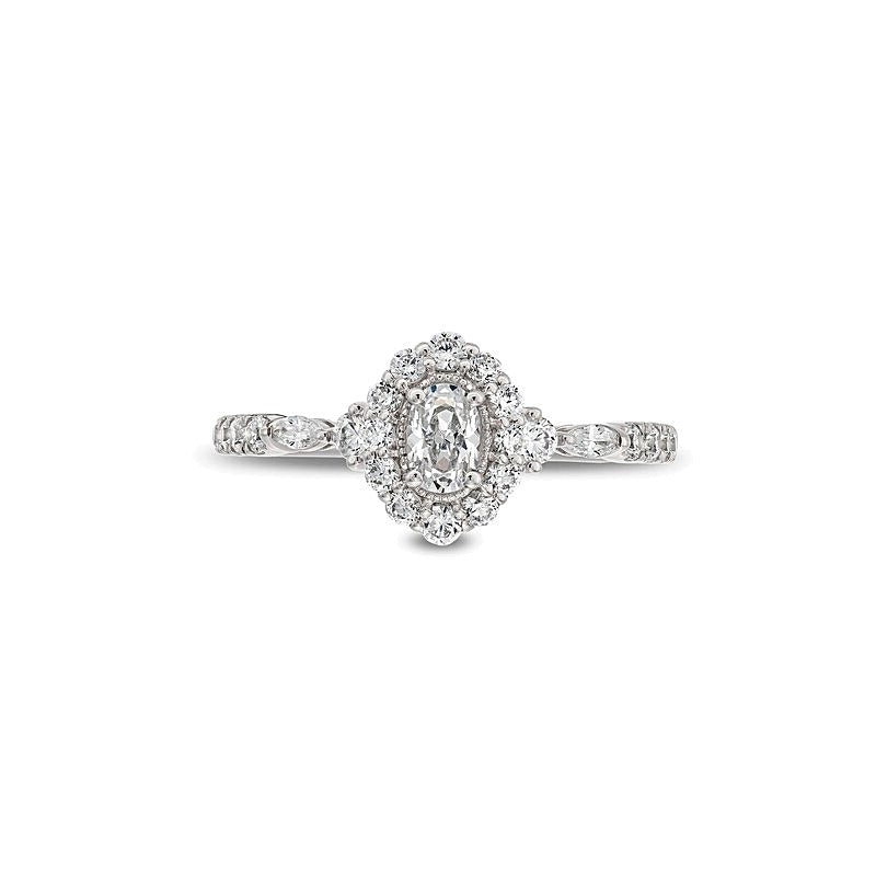 0.75 CT. TW Oval Diamond Frame Vintage-Style Engagement Ring in 14K White Gold