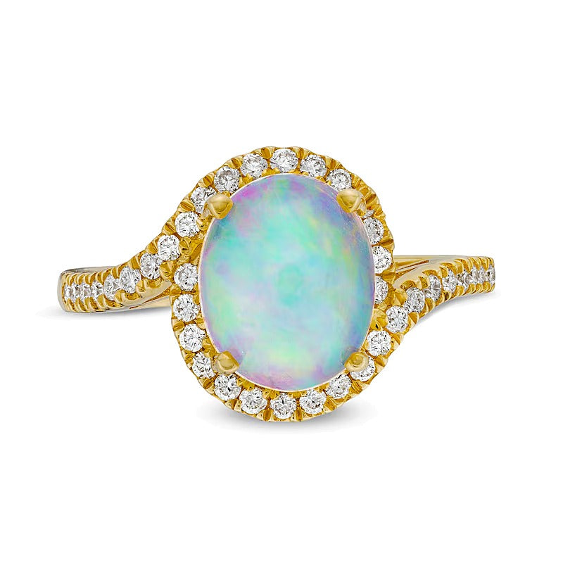 Oval Opal and 0.33 CT. TW Diamond Swirl Bypass Frame Ring in 10K Gold