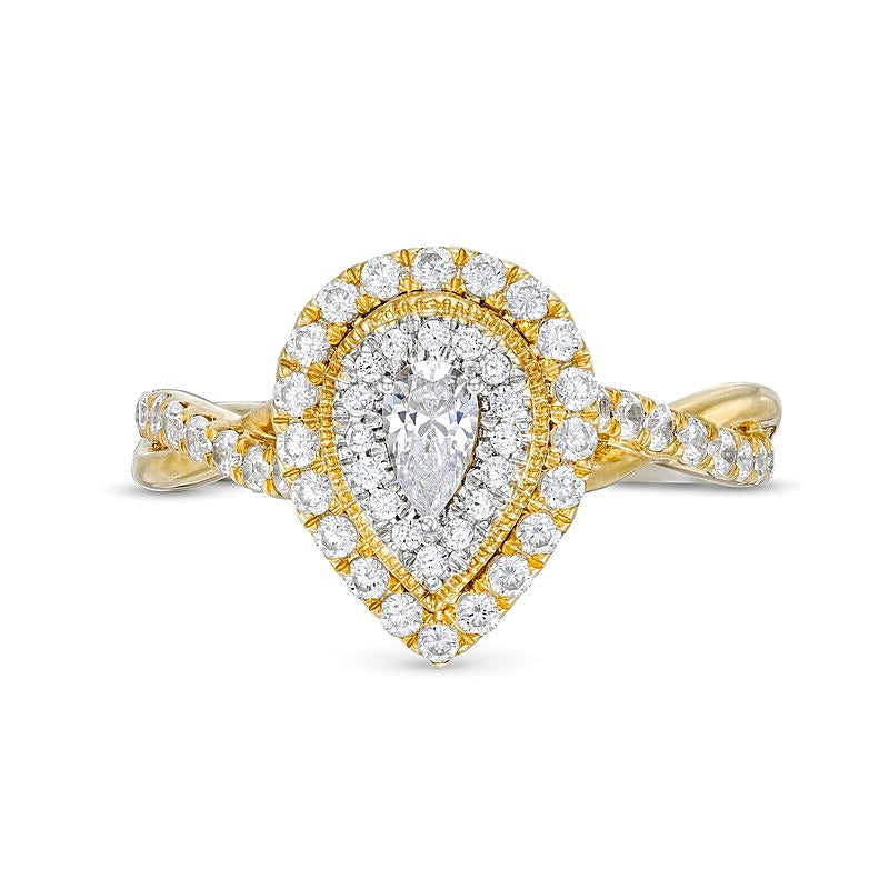 0.75 CT. TW Pear-Shaped Diamond Double Frame Twist Shank Engagement Ring in 10K Gold