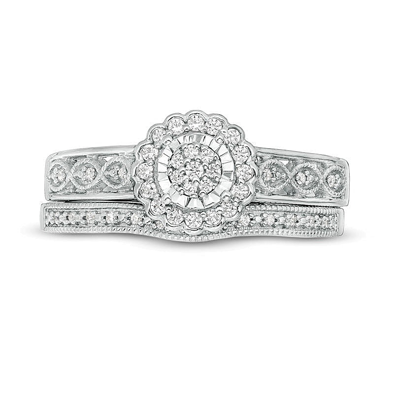0.2 CT. TW Composite Diamond Flower Frame Vintage-Style Bridal Set in Sterling Silver