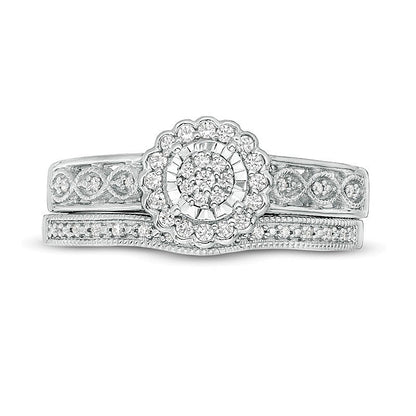 0.2 CT. TW Composite Diamond Flower Frame Vintage-Style Bridal Set in Sterling Silver