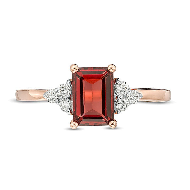 Emerald-Cut Garnet and 0.13 CT. TW Diamond Tri-Sides Engagement Ring in 10K Rose Gold