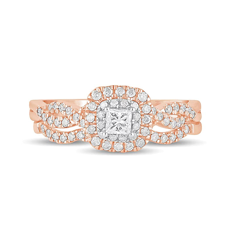 0.5 CT. TW Princess-Cut Diamond Double Cushion-Shaped Frame Multi-Row Bridal Set in 10K Rose Gold