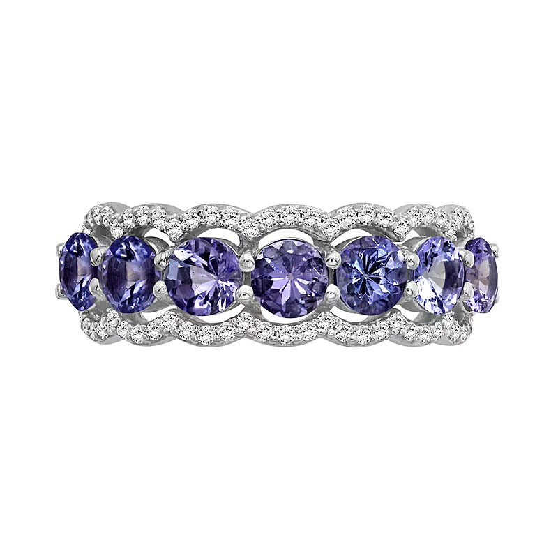 4.0mm Tanzanite and White Lab-Created Zircon Scallop Border Seven Stone Ring in Sterling Silver