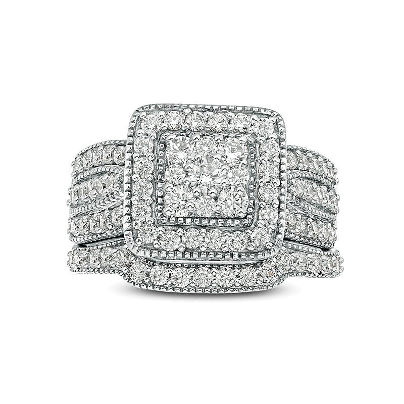 1.25 CT. TW Multi-Diamond Square Frame Vintage-Style Multi-Row Bridal Set in 10K White Gold