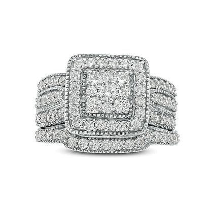 1.25 CT. TW Multi-Diamond Square Frame Vintage-Style Multi-Row Bridal Set in 10K White Gold