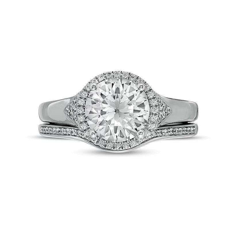 8.0mm White Lab-Created Sapphire and 0.2 CT. TW Diamond Frame Chevron Size Accent Bridal Set in Sterling Silver