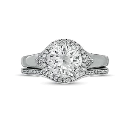 8.0mm White Lab-Created Sapphire and 0.2 CT. TW Diamond Frame Chevron Size Accent Bridal Set in Sterling Silver