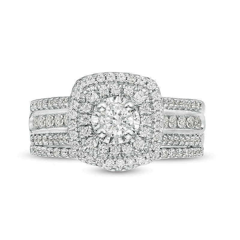1.0 CT. TW Diamond Double Cushion Frame Multi-Row Bridal Set in 10K White Gold