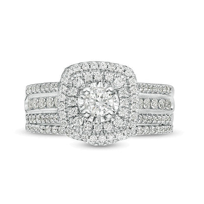 1.0 CT. TW Diamond Double Cushion Frame Multi-Row Bridal Set in 10K White Gold