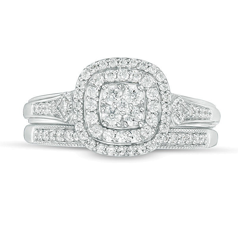 0.5 CT. TW Composite Diamond Double Cushion Frame Vintage-Style Bridal Set in 10K White Gold