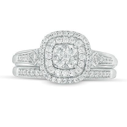 0.5 CT. TW Composite Diamond Double Cushion Frame Vintage-Style Bridal Set in 10K White Gold