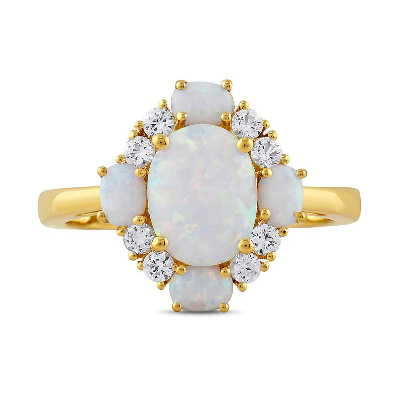 Oval Lab-Created Opal and White Lab-Created Sapphire Frame Ring in 10K Gold