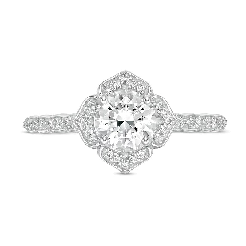6.0mm Lab-Created White Sapphire and 0.13 CT. TW Diamond Frame Flower Ring in 10K White Gold