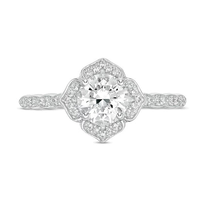 6.0mm Lab-Created White Sapphire and 0.13 CT. TW Diamond Frame Flower Ring in 10K White Gold