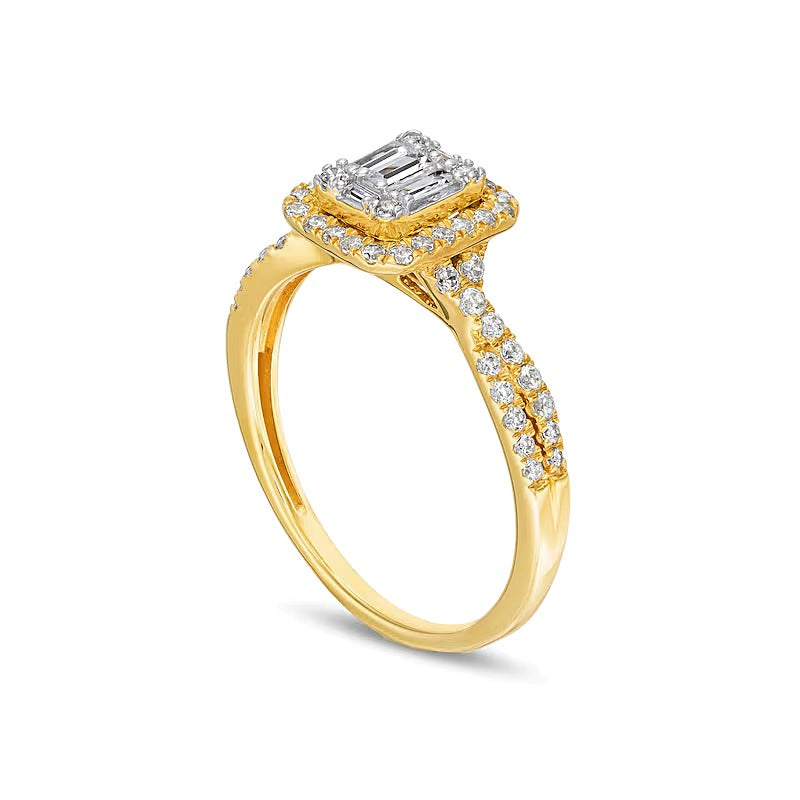 0.5 CT. TW Emerald-Shaped Multi-Diamond Frame Twist Shank Engagement Ring in 10K Gold
