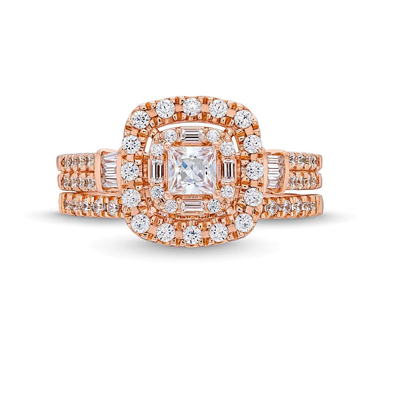 1.0 CT. TW Princess-Cut Diamond Cushion Frame Double Row Bridal Set in 10K Rose Gold