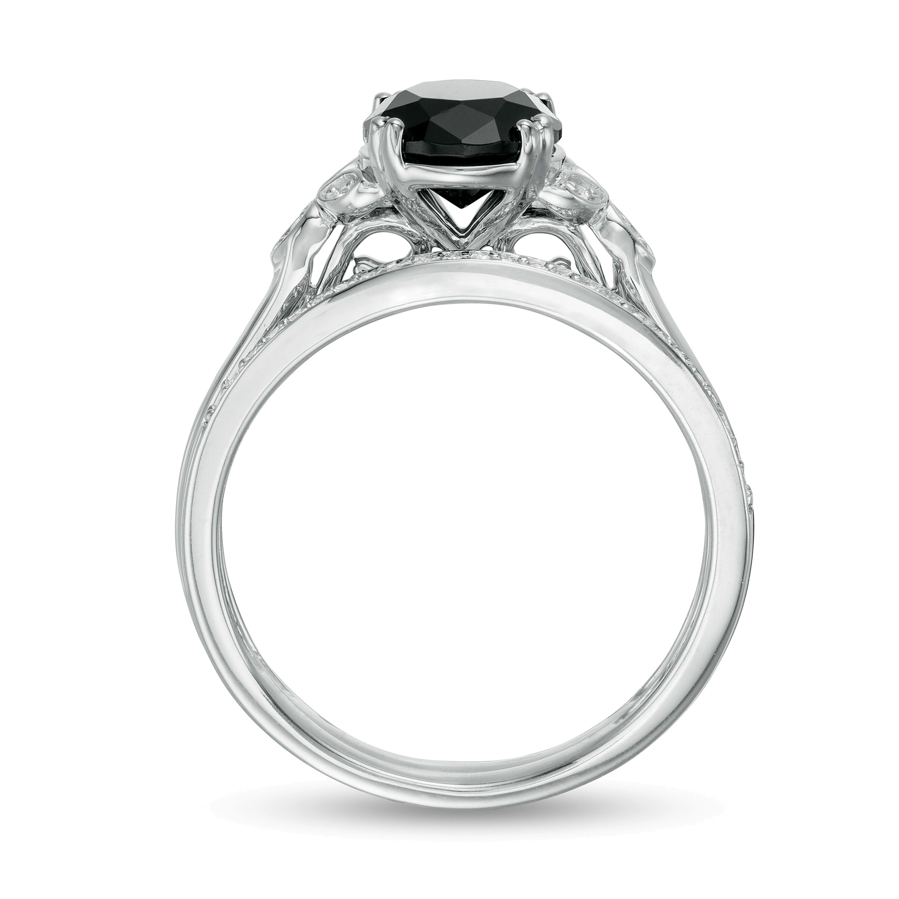 8.0mm Black Sapphire and 0.1 CT. TW Diamond Leaf Sides Bridal Set in 10K White Gold