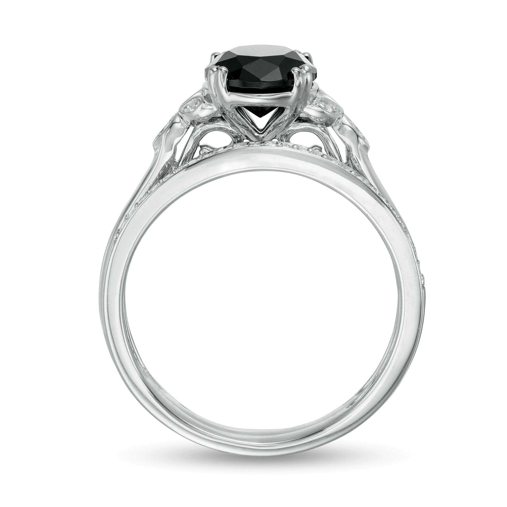 8.0mm Black Sapphire and 0.1 CT. TW Diamond Leaf Sides Bridal Set in 10K White Gold