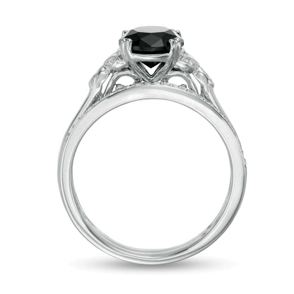 8.0mm Black Sapphire and 0.1 CT. TW Diamond Leaf Sides Bridal Set in 10K White Gold