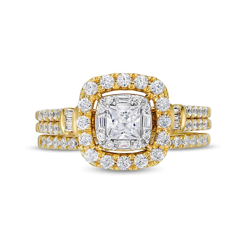 1.0 CT. TW Princess-Cut Diamond Cushion Frame Double Row Bridal Set in 10K Gold