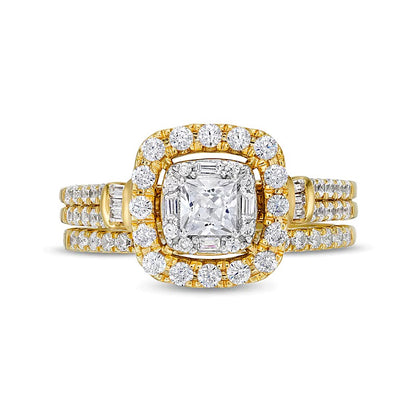 1.0 CT. TW Princess-Cut Diamond Cushion Frame Double Row Bridal Set in 10K Gold