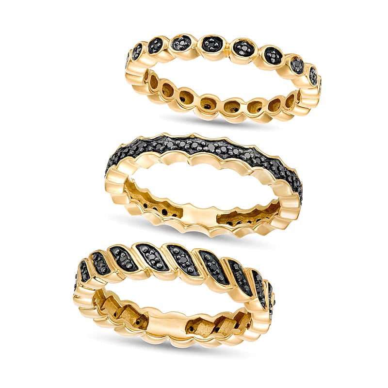 0.25 CT. TW Black Diamond Geometric Three Piece Stackable Band Set in Sterling Silver with 14K Gold Plate
