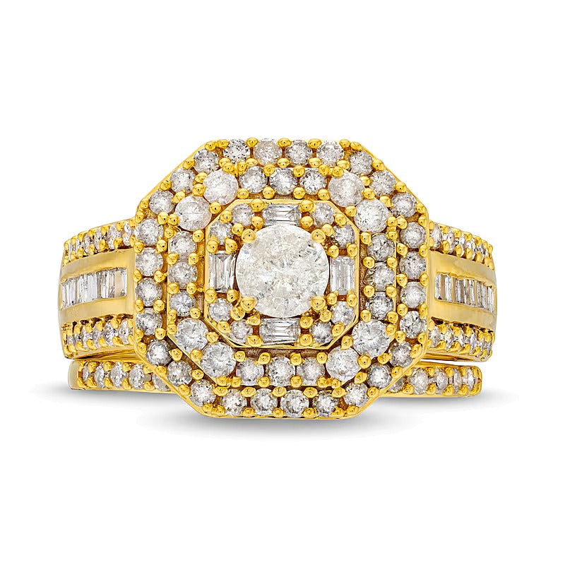 1.5 CT. TW Diamond Cushion Triple Row Octagon Frame Bridal Set in 10K Gold