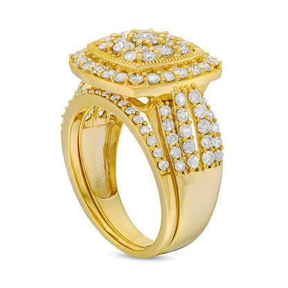 2.0 CT. TW Cushion Multi-Diamond Frame Split Shank Vintage-Style Bridal Set in 10K Gold