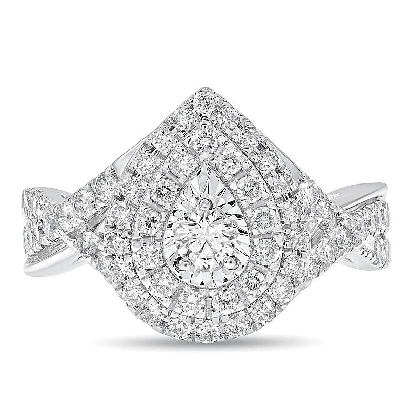 1.0 CT. TW Diamond Double Teardrop Frame Twist Shank Engagement Ring in 10K White Gold