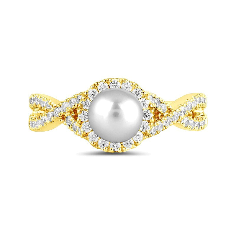 6.0mm Freshwater Cultured Pearl and 0.5 CT. TW Lab-Grown Diamond Frame Crossover Shank Ring in 14K Gold