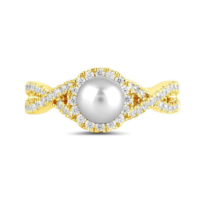 6.0mm Freshwater Cultured Pearl and 0.5 CT. TW Lab-Grown Diamond Frame Crossover Shank Ring in 14K Gold
