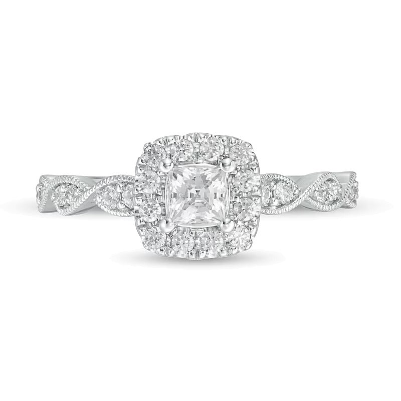 0.63 CT. TW Princess-Cut Diamond Cushion Frame Vintage-Style Engagement Ring in 14K White Gold (I/I2)