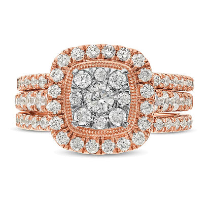 1.5 CT. TW Cushion Multi-Diamond Frame Three Piece Bridal Set in 10K Rose Gold