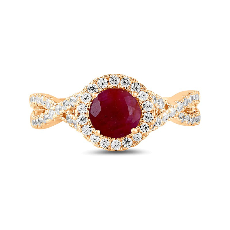 6.0mm Ruby and 0.5 CT. TW Lab-Grown Diamond Frame Crossover Shank Ring in 14K Rose Gold